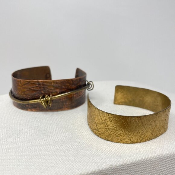 Handcrafted Adjustable Copper & Brass Cuff Bracelets Rustic Minimalist Artsy - Picture 2 of 16